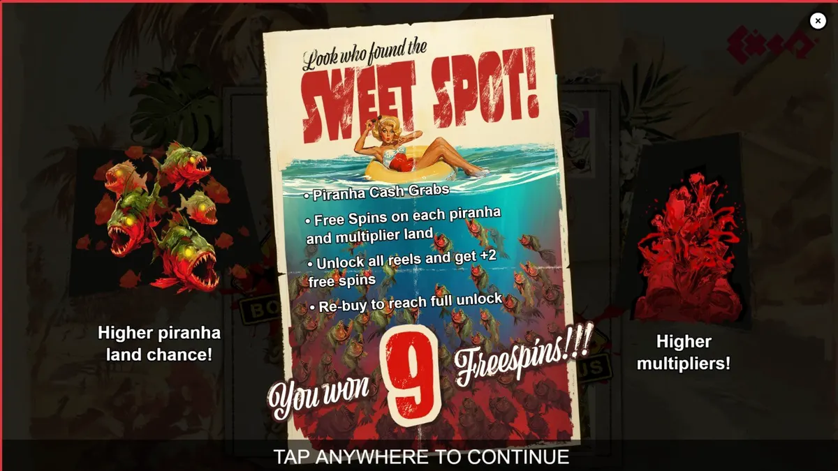 Piranha Bite Club slot machine interface featuring retro pin-up art and underwater predator theme